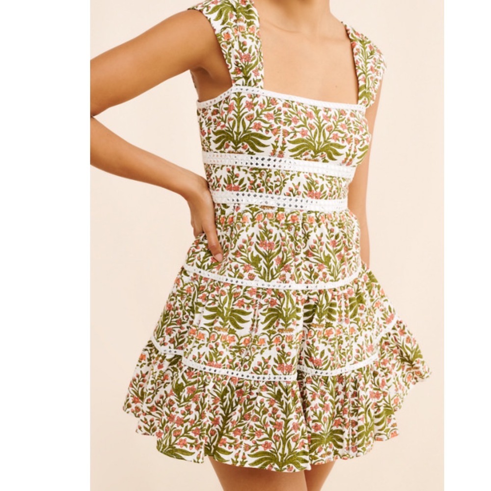 Saylor Floral Cotton Tiered Mini Dress Green Pink Studded Trim Size M
